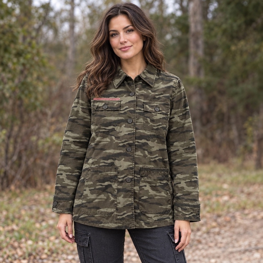 Caslon Women L Olive Green Camo Cotton Utility Chore Coat Button Front Pink Trim